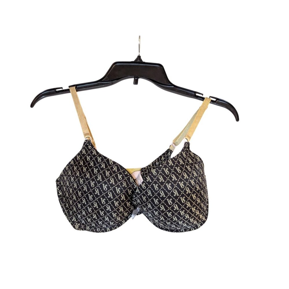 Victorias Secret VS Logo Push-Up Padded Bra With Gold Straps Size 34DD Black & G